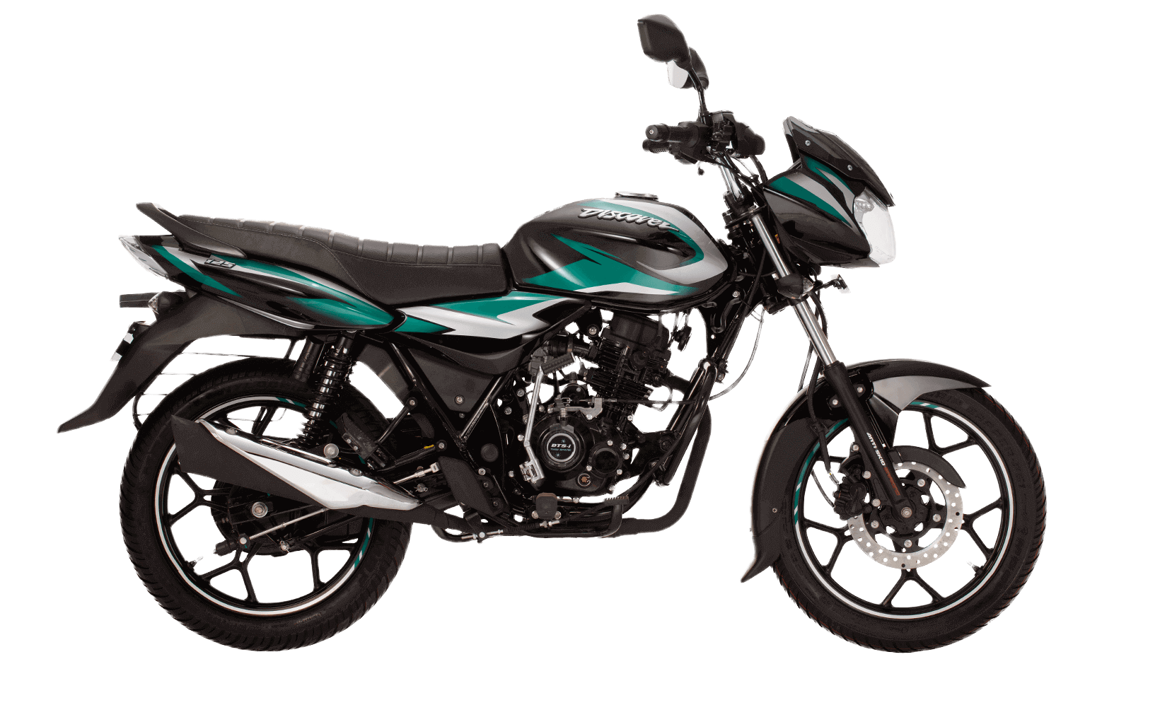 Black and green color bajaj discover 125cc disk new model motorcycle with dtsi engine side view