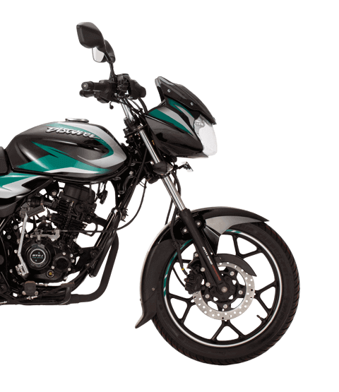 lack and green color bajaj discover 125cc disk new model motorcycle with dtsi engine side view
