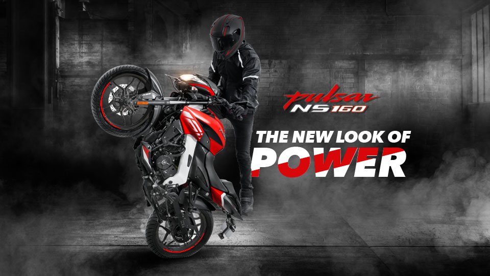 Bajaj Pulsar NS160 Twin Disc ABS - The New Look of Power A Biker is Riding Black Bajaj Pulsar NS 160 FI ABS Motorcycle wearing black leather jacket and helmet