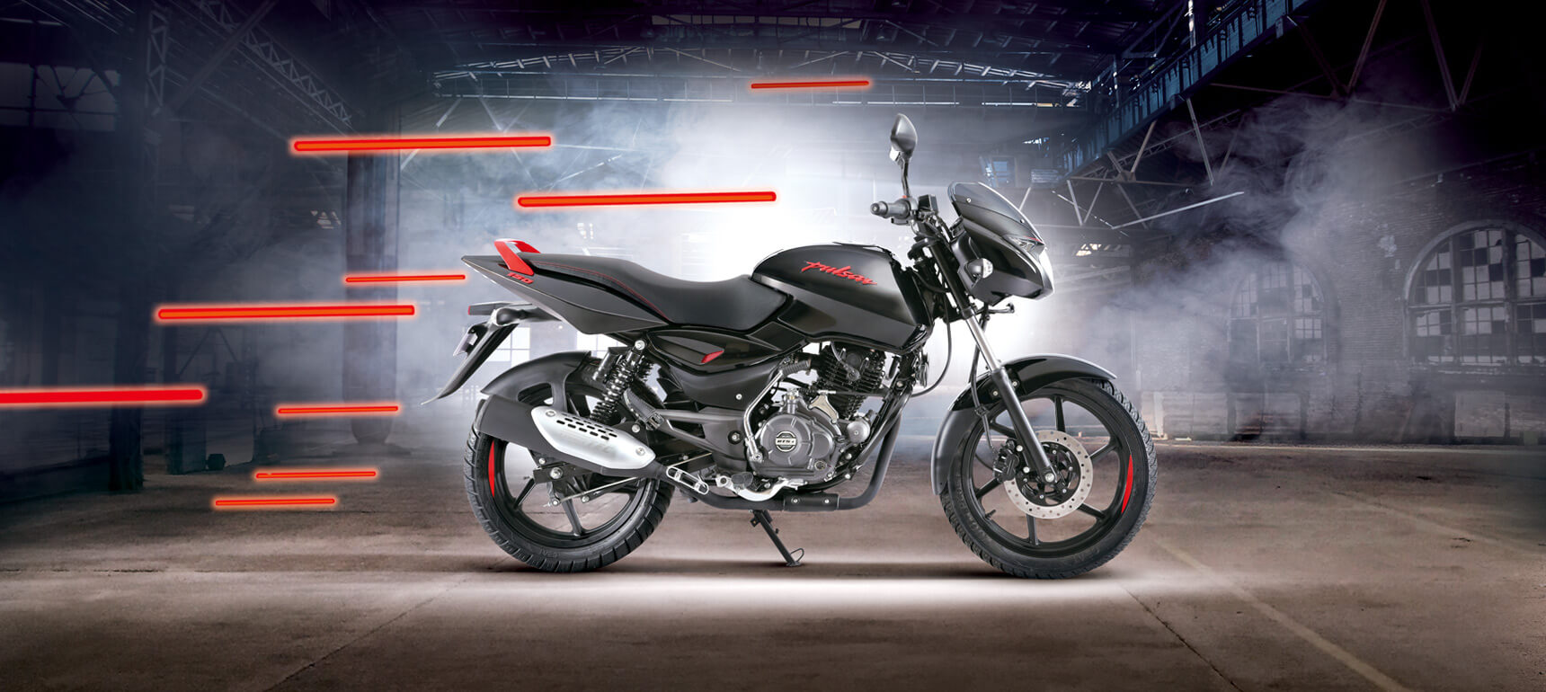Black and Red Bajaj Pulsar 150cc Neon Motorcycle in a warehouse 